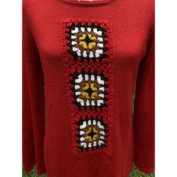 Skye's The Limit Women's Sz M  Red Pullover sweater Tunic granny squares accent - Picture 11 of 14